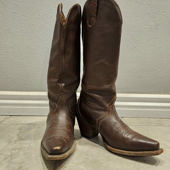 Western Brown Cowboy Tall Boots J.B Dillon Pointed Toe - Picture 1 of 13